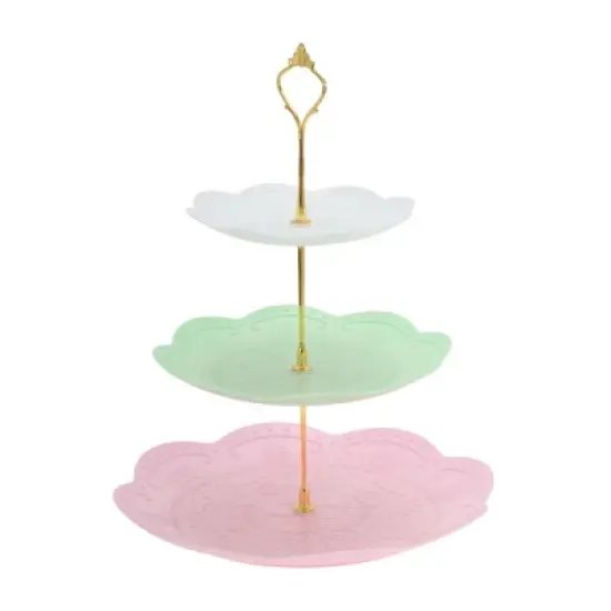 Unique Bargains 3 Tier Dessert Cupcake Stand Holder Round with Tiered Serving Tray for Donuts Fruits White Pink Green Gold Tone image {6}
