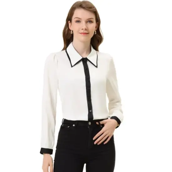 Allegra K Women's Contrast Collar Long Sleeve Office Button Down Shirts image {7}