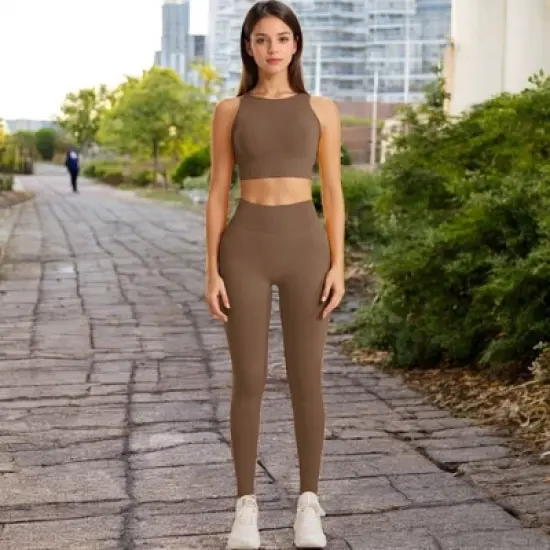 Anna-Kaci Women's High Waist Ribbed Seamless Leggings with Stretch Compression Fit - Medium, Beige image {3}