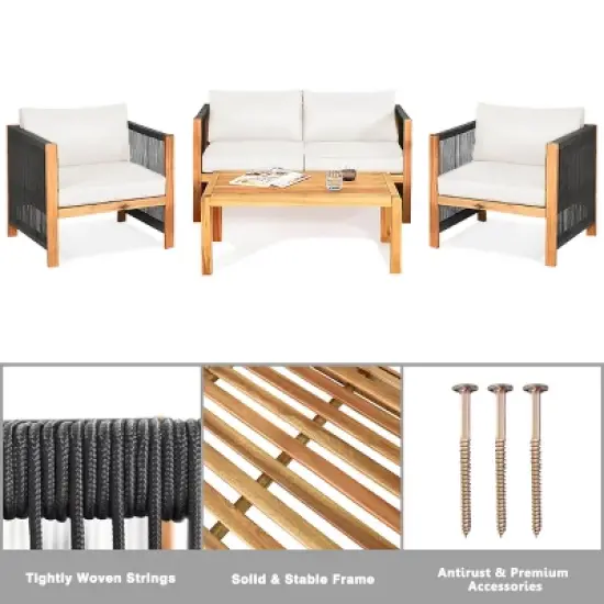 Costway 8 PCS Wood Outdoor Patio Furniture Set with Cushions White Red Cushion Cover Sets White+Red/Turquoise image {8}