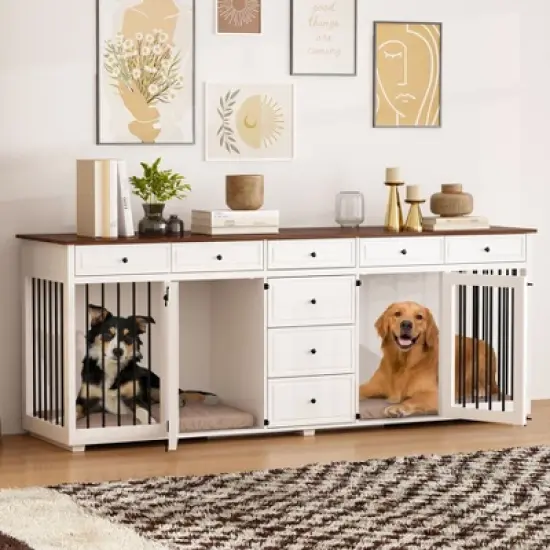 Famapy Large Dog Crate Furniture with Drawers Multifunctional Furniture Style Pet Crate White image {1}