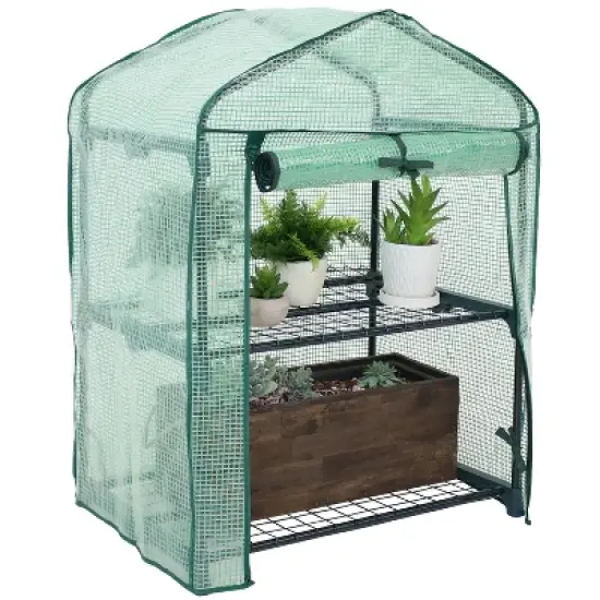 Sunnydaze Outdoor Portable Growing Rack 2-Tier Greenhouse with Roll-Up Door - 2 Shelves - Green image {9}