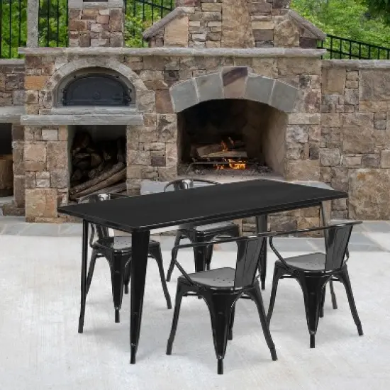 Emma and Oliver Commercial Grade Rectangular Black Metal Indoor-Outdoor Table Set-4 Arm Chairs image {1}