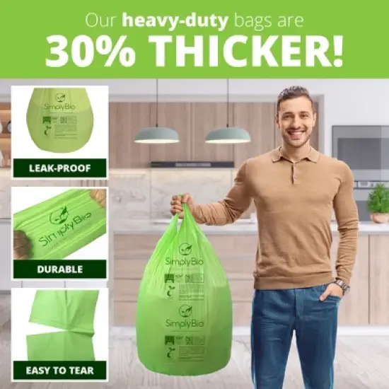 Simply Bio 13 Gallon Compostable Trash Bags Handle-Tie, Thick 0.87 Mil, 49.21 Liter, 30 Bags, Tall Kitchen Food Scrap Waste Bag image {3}