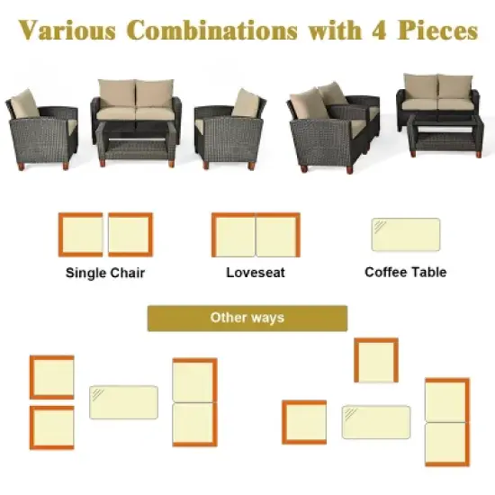 Costway 4PCS Patio Rattan Furniture Set Solid Wood Leg Cushioned Sofa Garden Lawn image {8}