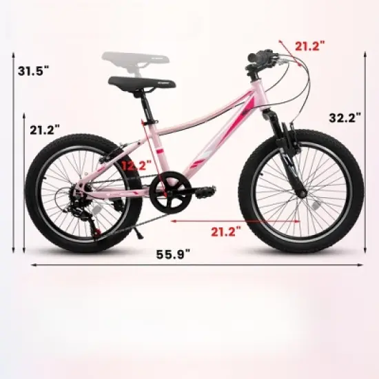 DSVIMOY Bicycles, 20 Inch Children's Bicycle, 7 - Speed Bicycle with Mountain Tire for Boys and Girls Kids Bike, Pink, 55.9"*32.2"*21.2" image {2}