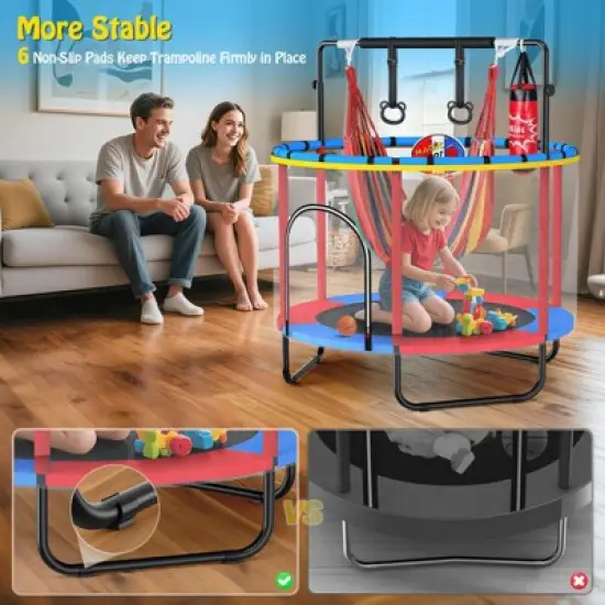 60'' Trampoline for Kids with Basketball Hoop & Safety Net, Swing, Rings, Gymnastic Bar, Indoor/Outdoor Toddler Trampoline, Birthday Gifts image {2}