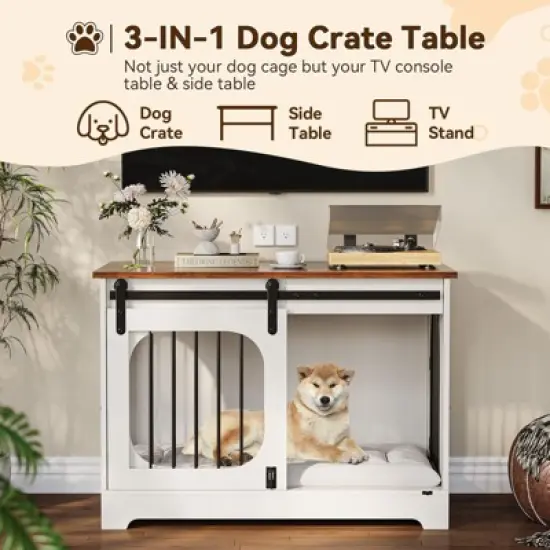 Dog Crate Furniture, 39.4" Dog Kennel for Dogs Up to 70 Lb, with Bed Mat, Heavy-Duty Dog Cage End Table, Three Doors Dog House, White image {6}