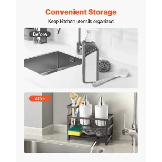 VEVOR Kitchen Sink Caddy Organizer, 2 Tier Sponge Holder for Kitchen Sink with High Brush Holder & Divider, Black image {6}