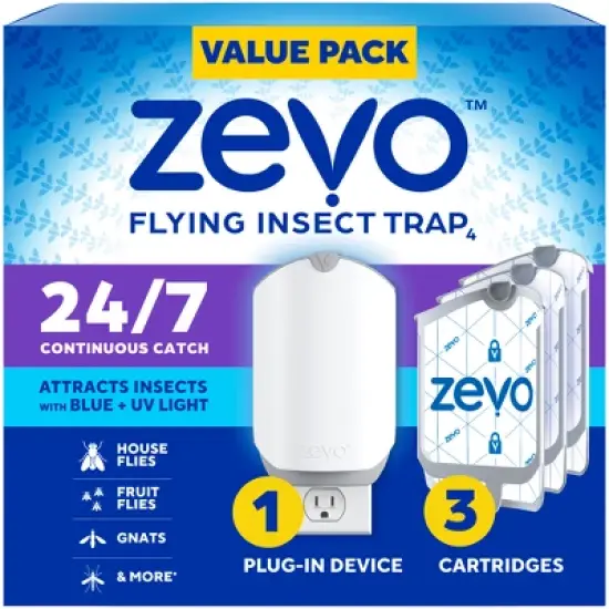Zevo Flying Insect Indoor Light Fly Trap Starter Kit, Catches House Flies, Fruit Flies, Gnats and More - 1 Trap + 3 Refills image {13}