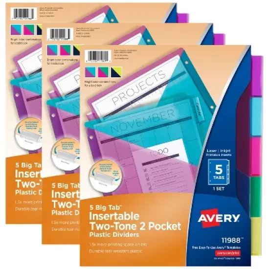 Avery Big Tab Insertable 2 Pocket Dividers for 3 Ring Binders, 5-Tab Sets, Bright Two-Tone Multicolor, 3 Binder Divider Sets (01742) image {7}