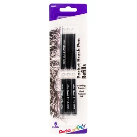 Pentel Arts Pocket Brush Pen Refills, Black Ink, Pack of 6 image {2}