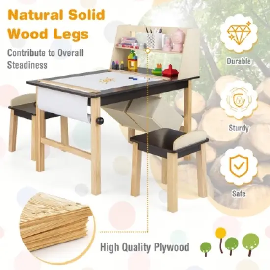 Costway Kids Art Table & Chairs Set Wooden Drawing Desk with Paper Roll Storage Shelf Bins image {4}