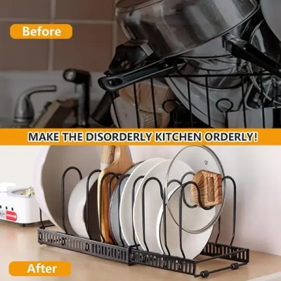SEVOBAL 2PC Pot Rack Expandable Pan Organizer Lid Holder 10 Adjustable Compartment Kitchen Cabinet Cookware Baking Rack, Black, 12.48"*8.19"*4.68" image {1}