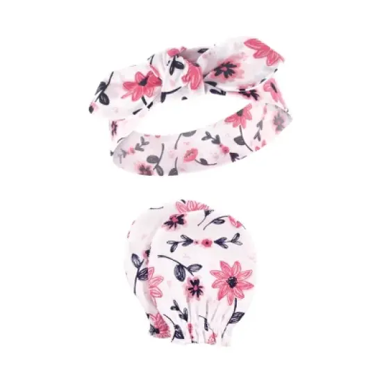 Hudson Baby Infant Girl Cotton Headband and Scratch Mitten Set, Botanical, 0-6 Months image {2}