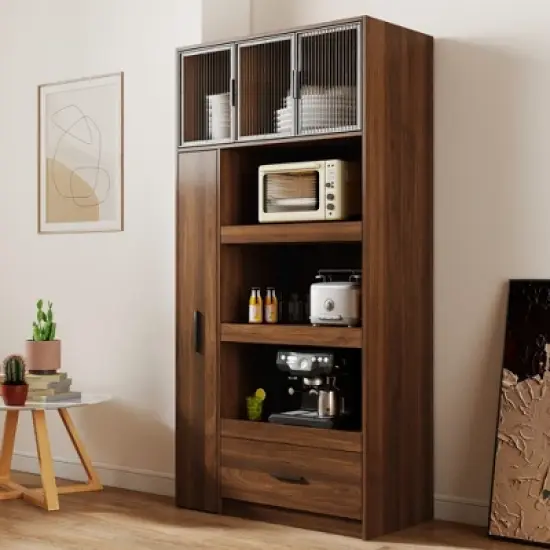 Lycvki 70.87" Tall Kitchen Pantry Cabinet with Pull-out Multi-tier Storage Shelf and Drawers image {1}