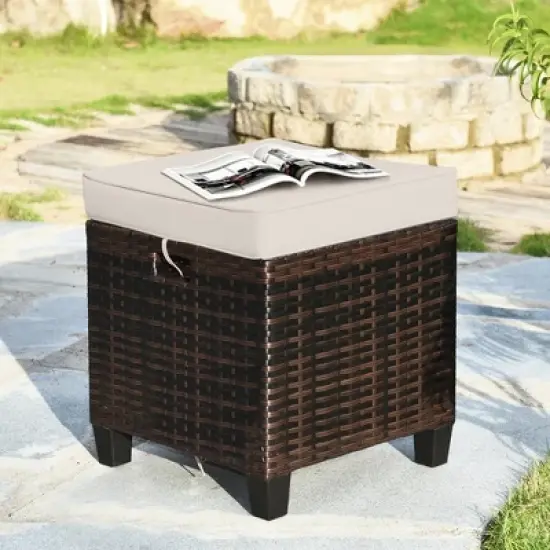 Tangkula Set of 2 Patio Rattan Ottoman Footrest Garden Outdoor w/ Brown/Turquoise/Navy Cushion image {1}