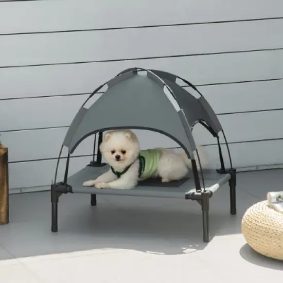 PawHut Elevated Portable Dog Cot Cooling Pet Bed With UV Protection Canopy Shade image {2}