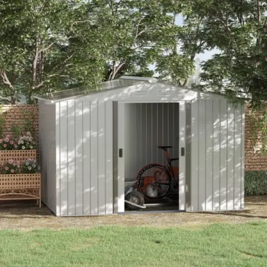 Outsunny 9' x 6' Metal Storage Shed Garden Tool House with Double Sliding Doors, 4 Air Vents for Backyard, Patio, Lawn, Silver image {1}