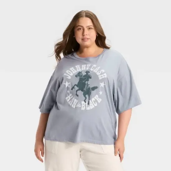 Women's Johnny Cash "Man in Black" Short Sleeve Graphic Oversized T-Shirt - Blue image {3}