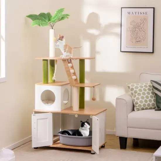 Tangkula All-in-One Cat Tree w/ Litter Box Enclosure Cat Tower Scratching Posts Ladder image {1}