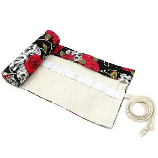 Wrapables Pencil Roll Organizer, Colored Pencil Wrap Pouch (72 slots), Skulls & Roses image {1}