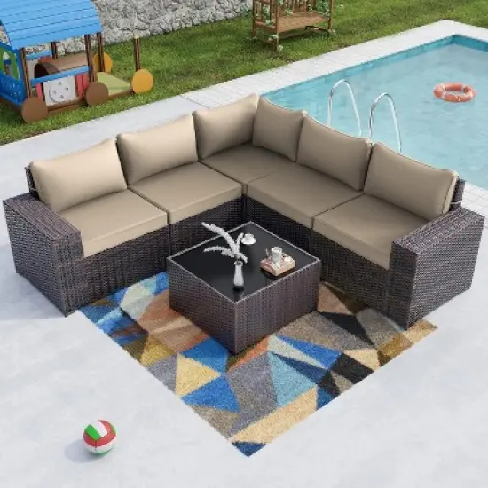 ALAULM 6PCS Outdoor Patio Furniture Set PE Wicker Rattan Sectional Sofa image {13}