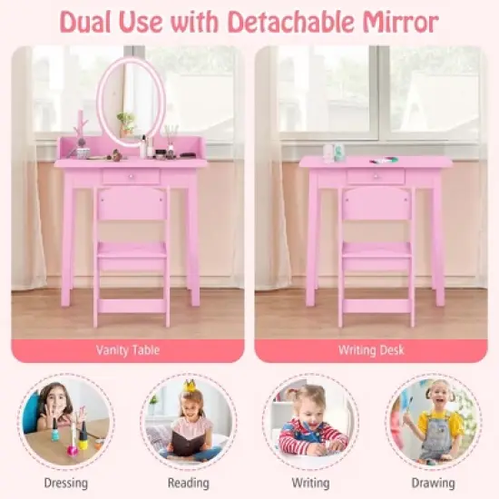 Costway Kids Vanity Set with Lighted Mirror Chair 2-Color LED Lighting for Girls Makeup White/Pink image {4}