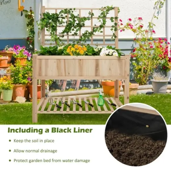 Costway Raised Garden Bed Elevated Wooden Planter Box with Trellis & Open Storage Shelf image {5}