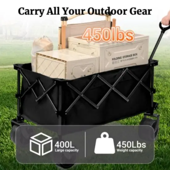 FURNIinspire Outdoor Serving Carts Fish 400L Collapsible Wagon Beach Wagon with Big Wheels for Camping, Sports, Black, 36.22"*22.05"*39.37" image {3}