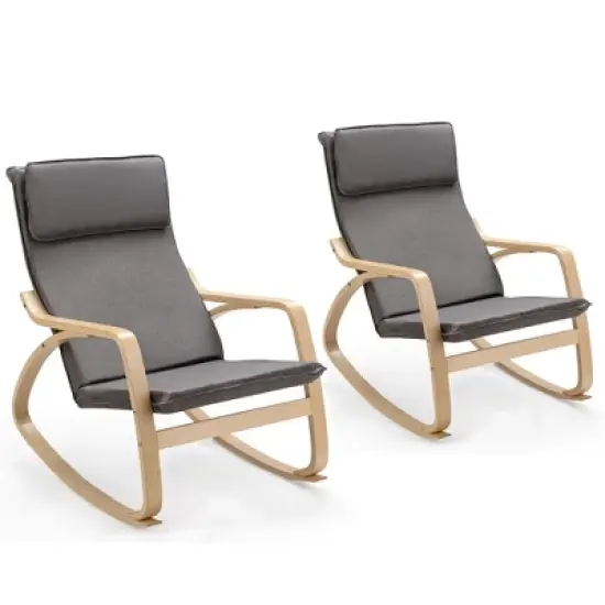 Costway Set of 2 Bentwood Rocking Chair Relax Rocker Lounge Chair w/Fabric Cushion Gray\ Beige image {11}