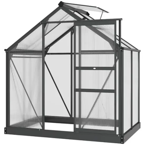 Outsunny Polycarbonate Greenhouse, Heavy Duty Outdoor Aluminum Walk-in Green House Kit with Vent & Door for Backyard Garden, Gray image {6}
