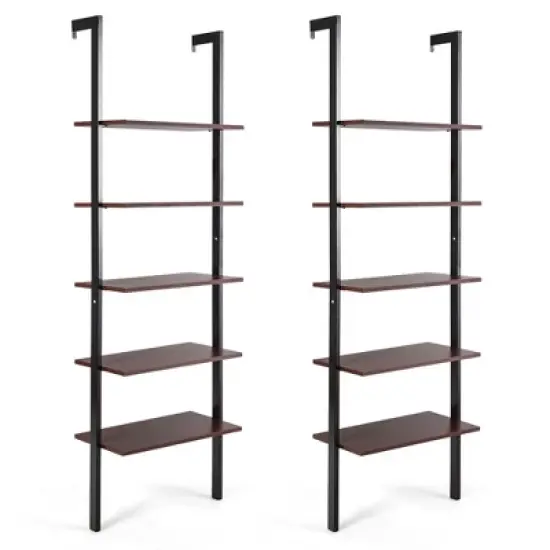 Tangkula 2PCS 5-Tier Ladder Shelf Wood Wall Mounted Display Bookshelf Metal Frame image {11}