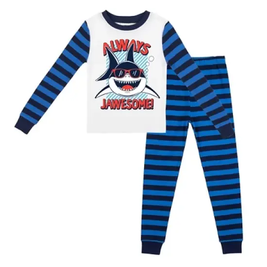 "Always Jawesome" Blue-and-Black-Striped Long-Sleeve Pajama Set image {4}