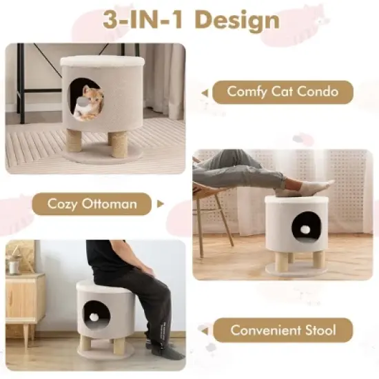 Costway 3-IN-1 Cat Condo Stool Kitty Bed with Scratching Posts & Plush Ball Toy Beige/Grey image {5}