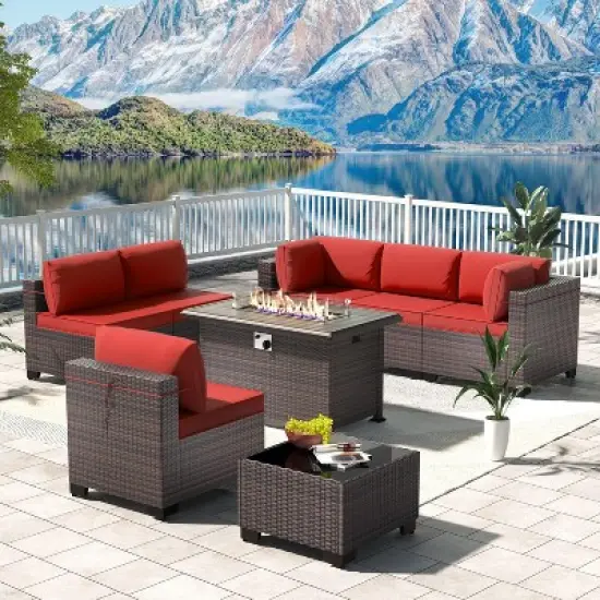 ALAULM 8 Pieces Outdoor Patio Furniture Set with 43" Gas Propane Fire Pit Table PE Wicker Rattan Sectional Sofa image {12}