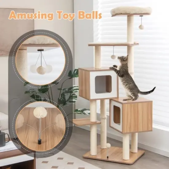 Costway 64.5'' Multi-layer Wooden Cat Tree Indoor Tower Activity Play Center Cat House image {6}