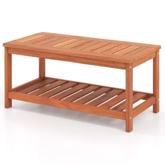 Tangkula Hardwood Outdoor Patio Coffee Table 2-Tier Coffee Table w/ Slat Tabletop & Storage Shelf Natural image {1}
