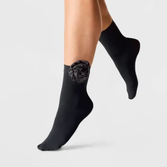 Women's Rose Applique Opaque Anklet Socks - A New Day&trade; Black 4-10: Nylon Spandex Knit, Banded Cuff, Floral Pattern image {2}