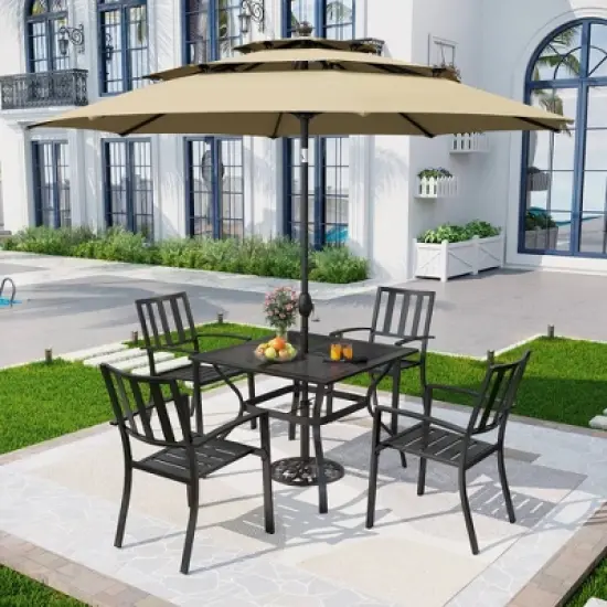 5pc Metal Indoor/Outdoor Square Gridded Dining Table with Arm Chairs & Umbrella Hole - Captiva Designs: Weather-Resistant Set image {6}