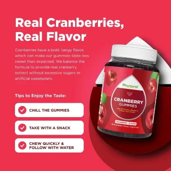 Extra Strength Cranberry Gummies for Men & Women, Delicious Potent Supplement for Bladder, Kidney, & Urinary Tract Health, Phytoral, 60ct image {3}