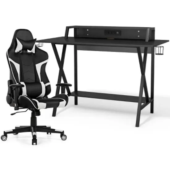 Tangkula Gaming Desk& Massage Gaming Chair Set Gamer Workstation with Headphone Hook image {6}