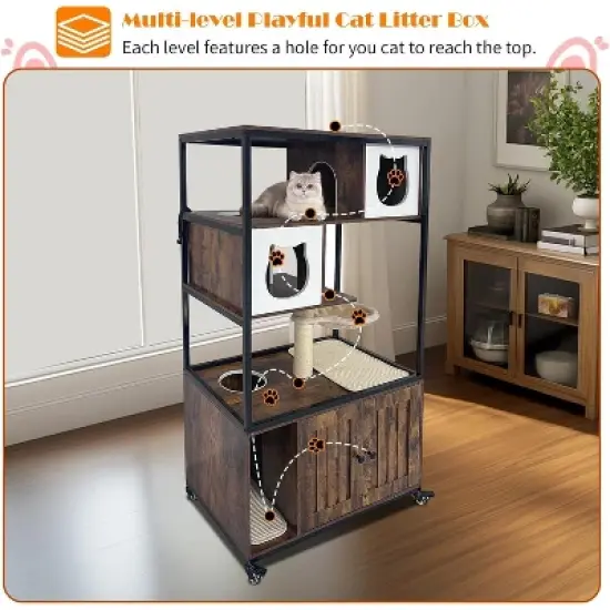 Litter Box Cabinet, Cat Tree with Litter Box Enclosure, Wooden Metal Frame Hidden Cat Washroom on Wheels with Hammock, Scratching Mat & Post image {3}