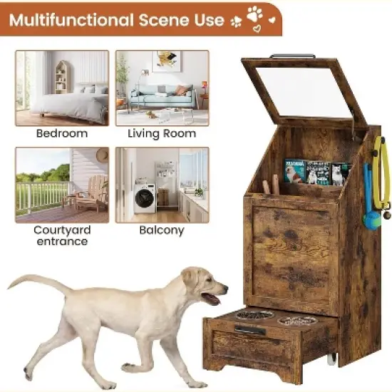 Flip Top Dog Food Storage Container, Pet Storage Cabinet with 2 Pull-Out Elevated Dog Bowls and 3 Hooks, Pet Toy Storage Organizer image {6}
