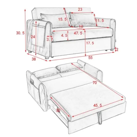 55" Pull Out Sleeper Sofa Bed, Velvet Upholstered Loveseat Sofa with Adjustable Backrest and Pillows-ModernLuxe image {2}