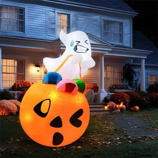 Joyfy 5 FT Halloween Inflatables Outdoor Decorations, Inflatable Cute Ghost Lift Pumpkin Candy Bag with LEDs for Halloween Yard Garden Lawn Decoration image {9}
