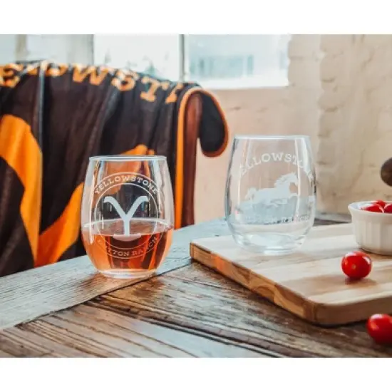 Silver Buffalo Yellowstone Dutton Ranch 20-Ounce Stemless Wine Glasses | Set of 2 image {4}