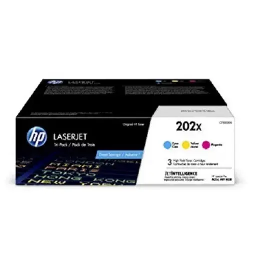 HP 202X CF500XM 3 High Yield Toner Cartridge: Cyan, Magenta & Yellow image {2}