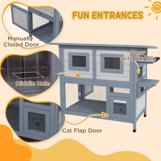 ORRD PawHut 2-Tier Outdoor Cat House, Weatherproof Feral Shelter w/ Escape Door, Asphalt Roof, Jump Platform, Light Gray image {5}