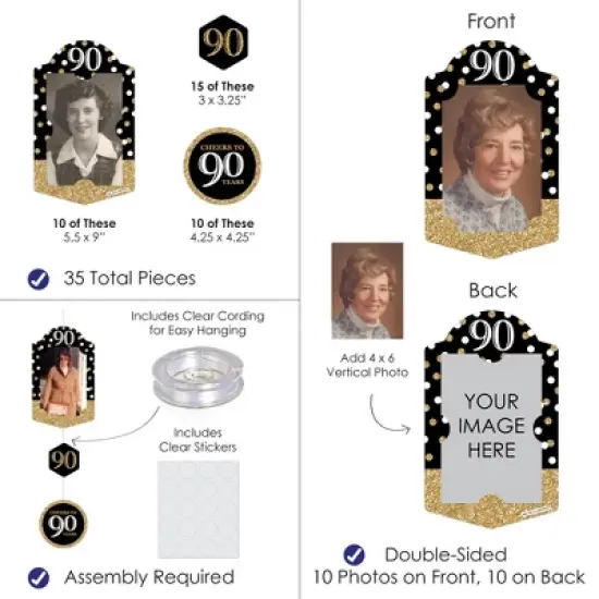 Big Dot of Happiness Adult 90th Birthday - Gold - Birthday Party Vertical Photo Garland 35 Pieces image {2}